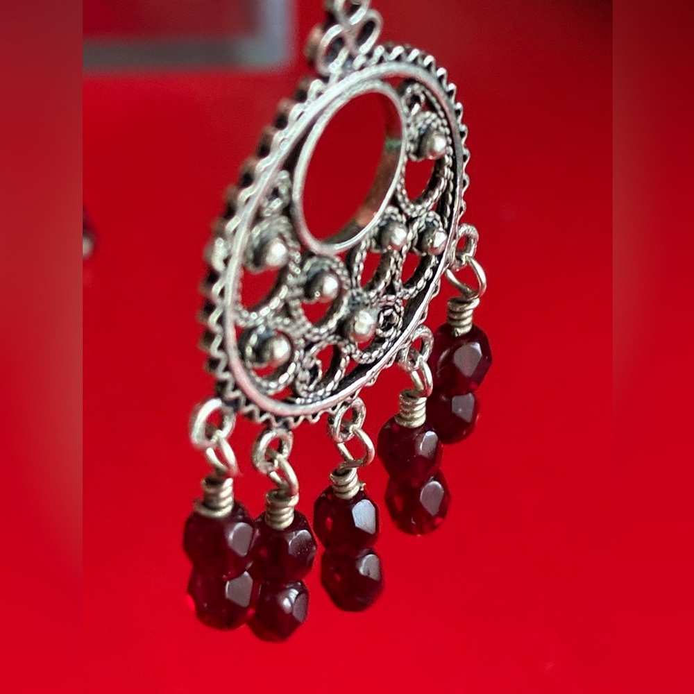 925 Sterling Silver Earrings,Filigree Dangle Earrings with Garnet Red Bead Drops - Picture 5 of 7